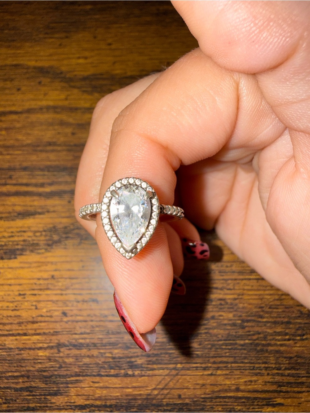 Silver Pear-Cut Halo Ring with Clear Stone - Women's Jewelry
